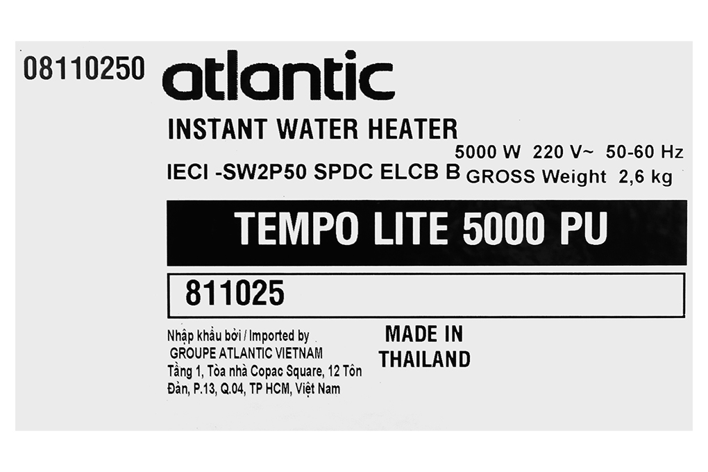 Máy nước nóng trực tiếp Atlantic 5000W Tempo Lite 5000 PU - 811025 Màu Trắng