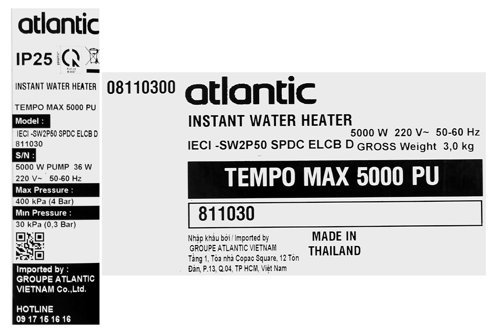 Máy nước nóng trực tiếp Atlantic 5000W Tempo Max 5000 PU - 811030 Màu Đen