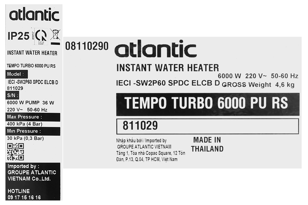 Máy nước nóng trực tiếp Atlantic 6000W Tempo Turbo 6000 PU RS - 811029 Màu Trắng - Đen