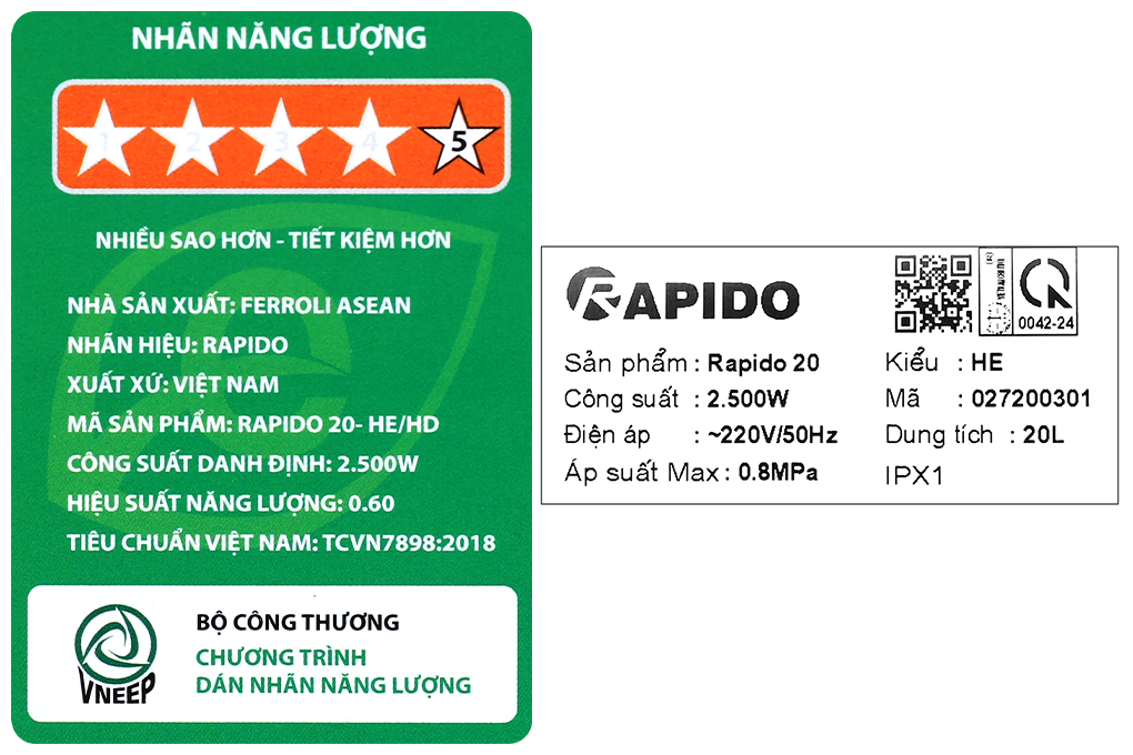 Máy nước nóng gián tiếp Rapido 20 lít 2500W HE 20L Màu Trắng - Đen