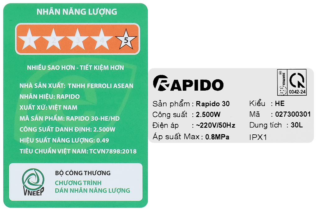 Máy nước nóng gián tiếp Rapido 30 lít 2500W HE 30L Màu Trắng - Đen