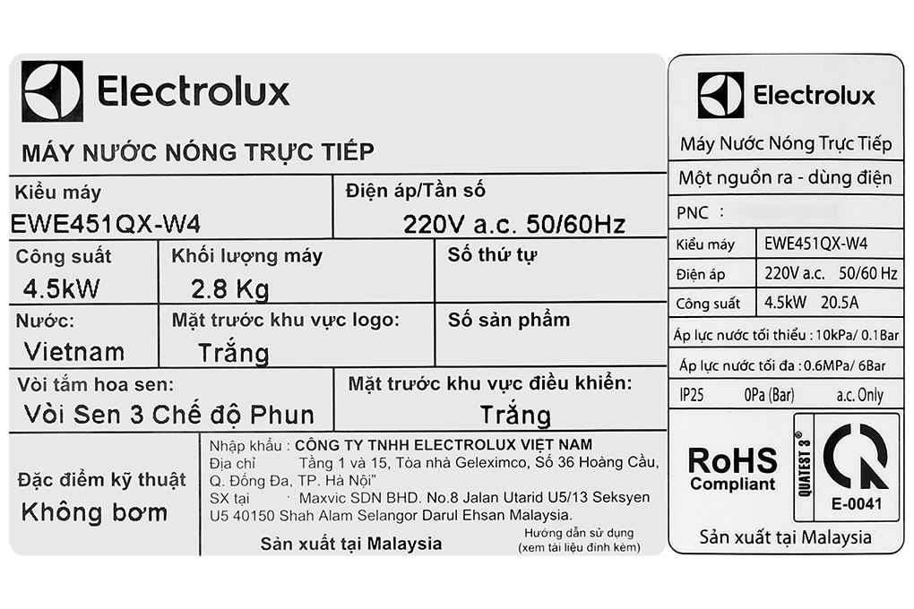 Máy nước nóng trực tiếp Electrolux 4500W EWE451QX-W4 Màu Trắng