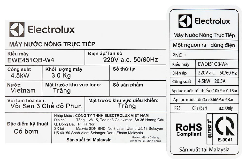 Máy nước nóng trực tiếp Electrolux 4500W EWE451QB-W4 Màu Trắng