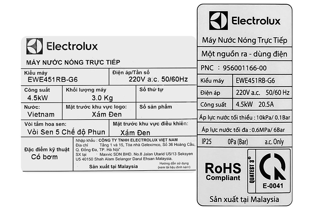 Máy nước nóng trực tiếp Electrolux 4500W EWE451RB-G6 Màu Đen - Xám