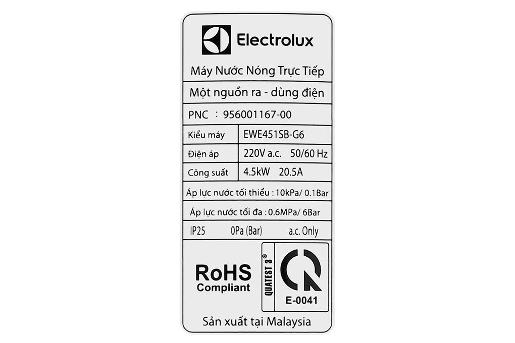 Máy nước nóng trực tiếp Electrolux 4500W EWE451SB-G6 Màu Đen - Xám