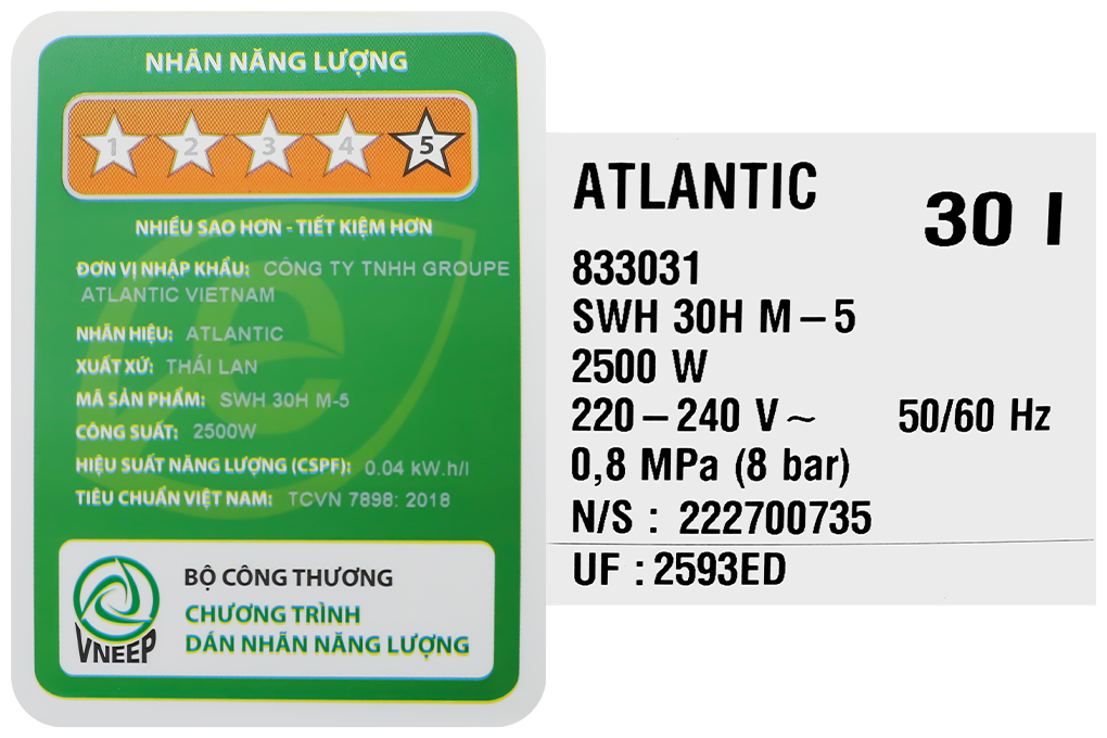 Bình nóng lạnh gián tiếp Atlantic 30 lít OPRO SLIM 833031 SWH 30H M-5 Màu Trắng - Đen