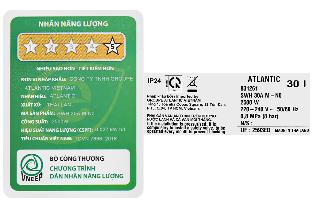 Máy nước nóng gián tiếp Atlantic 30 lít AMI SQUARE 831261 SWH 30A M-N0 Màu Trắng