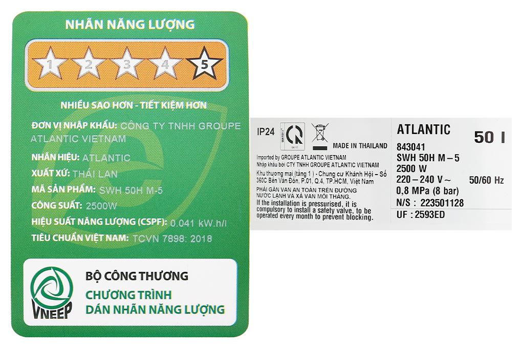Máy nước nóng gián tiếp Atlantic 50 lít OPRO SLIM 843041 SWH 50H M-5 Màu Trắng - Đen