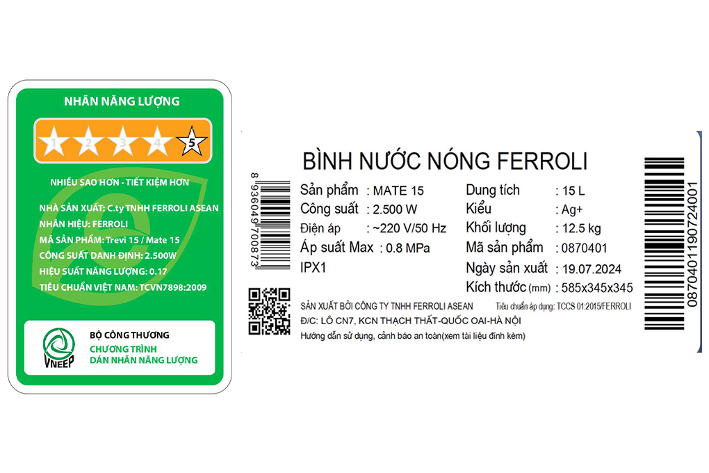 Máy nước nóng gián tiếp Ferroli 15 lít 2500W Mate 15L Ag+ Màu Trắng - Đen