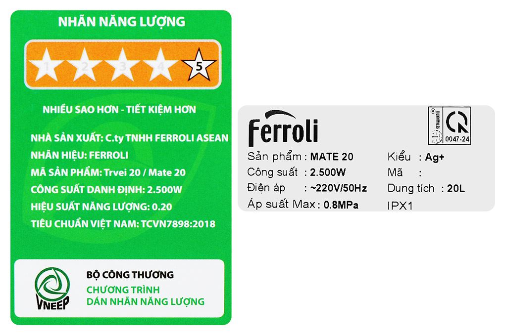 Máy nước nóng gián tiếp Ferroli 20 lít 2500W Mate 20L Ag+ Màu Trắng - Đen