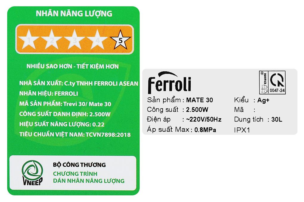 Máy nước nóng gián tiếp Ferroli 30 lít 2500W Mate 30L Ag+ Màu Trắng - Đen