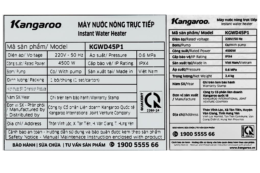 Máy nước nóng trực tiếp Kangaroo 4500W KGWD45P1 Màu Đen
