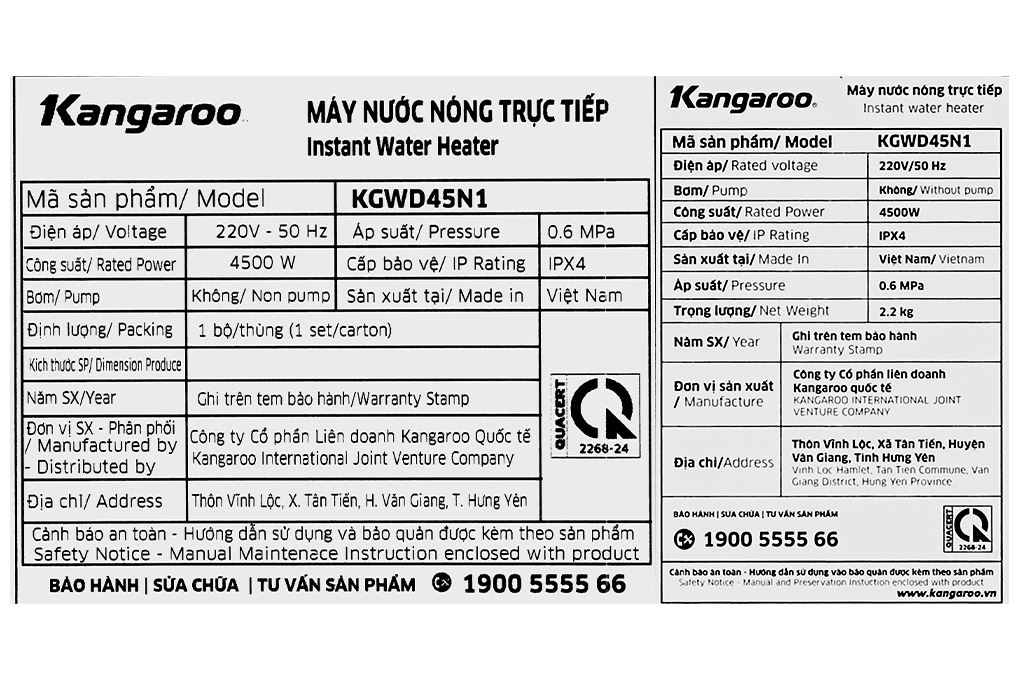 Máy nước nóng trực tiếp Kangaroo 4500W KGWD45N1 Màu Đen