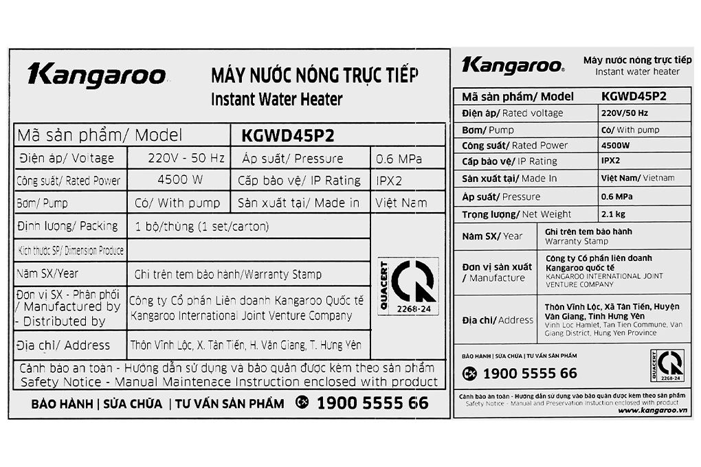 Máy nước nóng trực tiếp Kangaroo 4500W KGWD45P2 Màu Đen