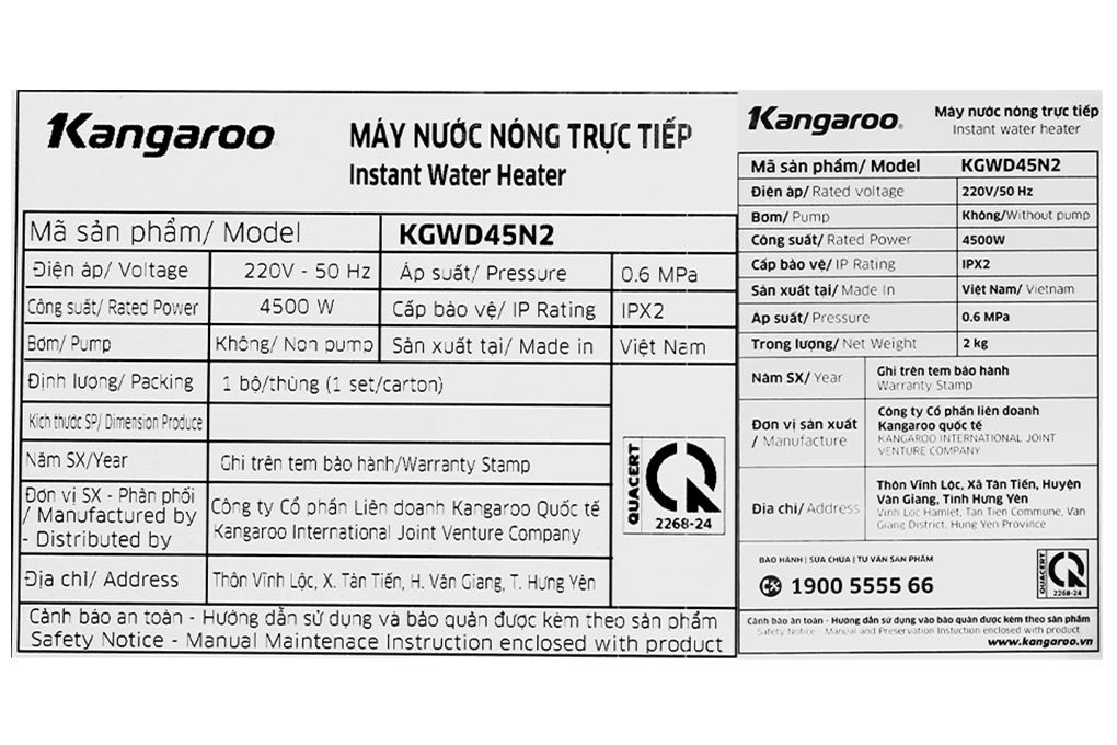 Máy nước nóng trực tiếp Kangaroo 4500W KGWD45N2 Màu Đen