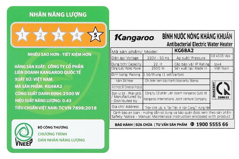 Máy nước nóng gián tiếp Kangaroo 22 lít 2500W KG68A2 Màu Trắng - Vàng