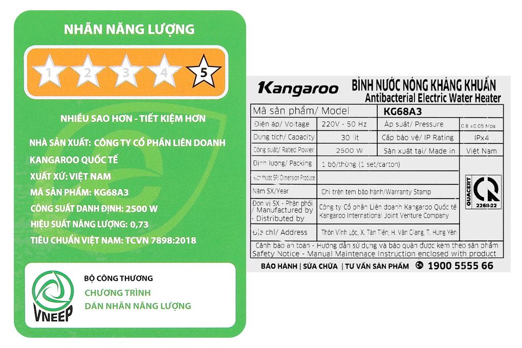 Máy nước nóng gián tiếp Kangaroo 30 lít 2500W KG68A3 Màu Trắng - Vàng