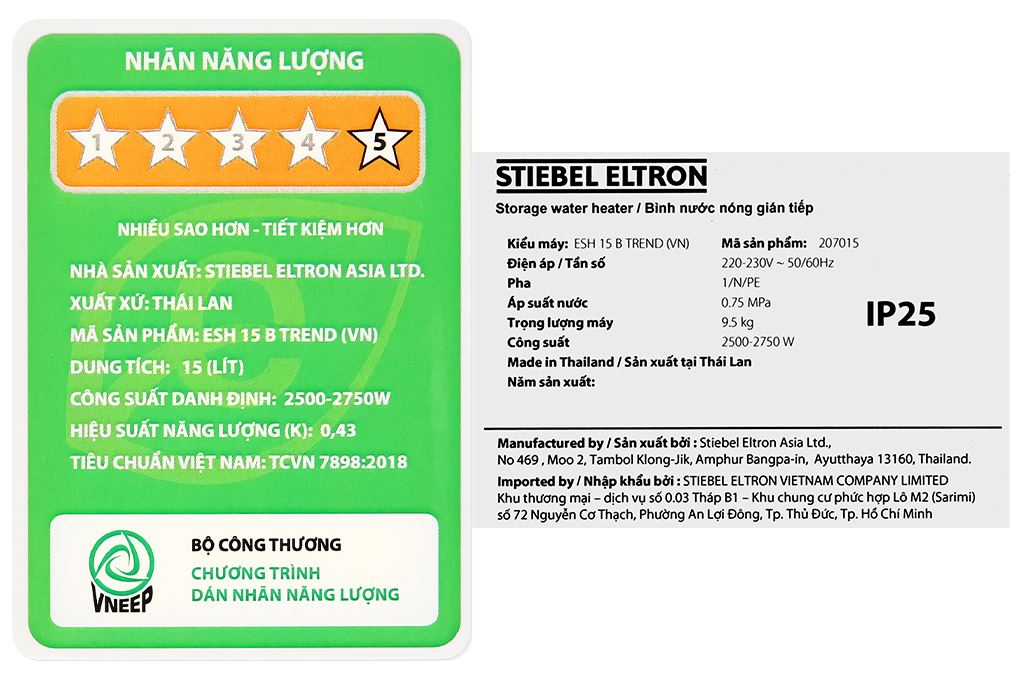 Máy nước nóng gián tiếp Stiebel Eltron 15 lít ESH 15 B TREND-VN Màu Trắng