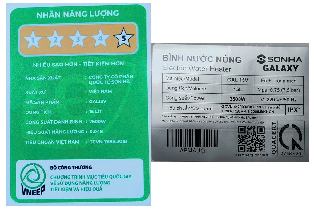 Bình nóng lạnh gián tiếp Sơn Hà Galaxy 15 lít 2500W S15VG Màu Trắng - Xám