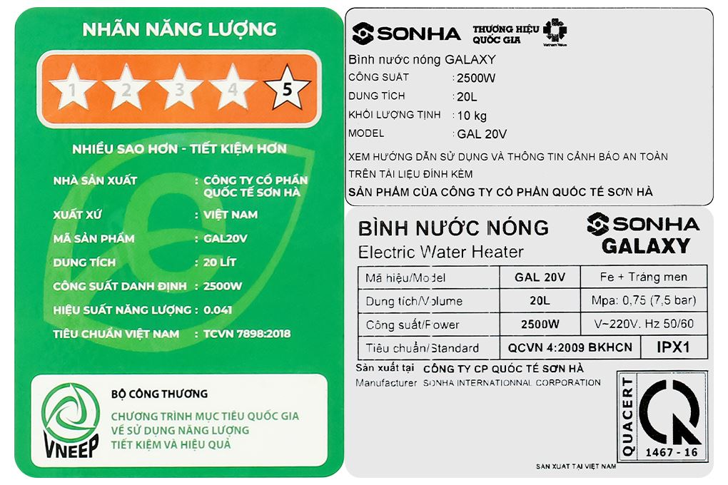 Máy nước nóng gián tiếp Sơn Hà Galaxy 20 lít 2500W S20VG Màu Trắng - Xám