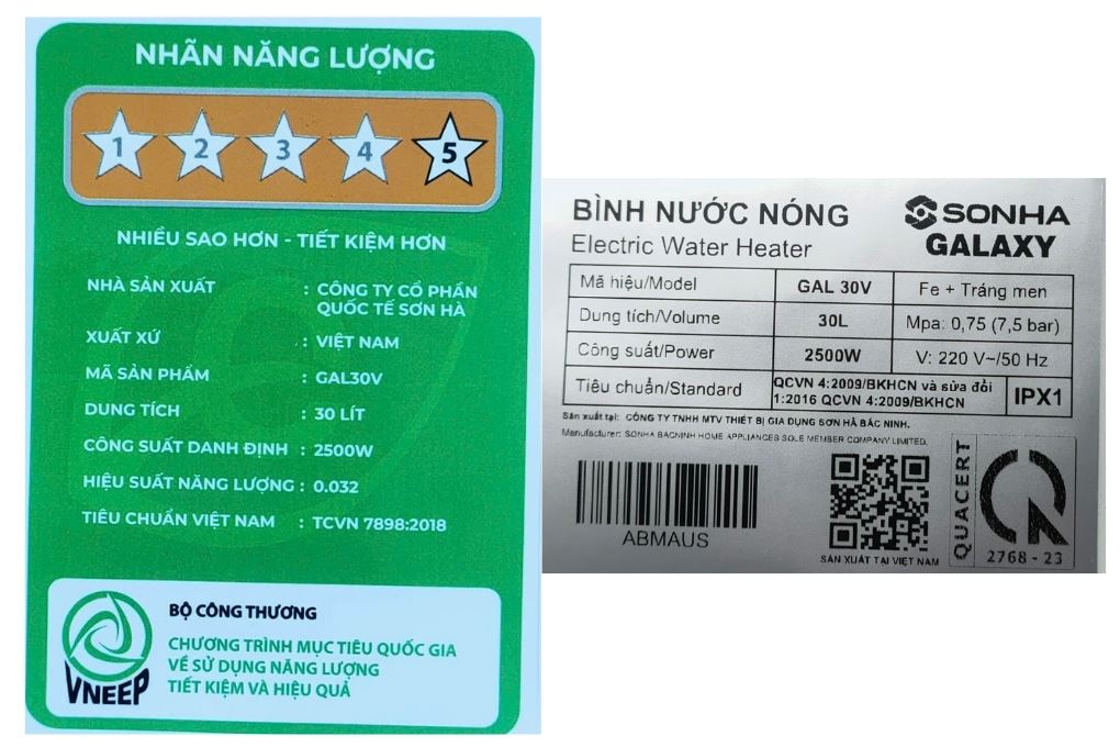 Máy nước nóng gián tiếp Sơn Hà Galaxy 30 lít 2500W S30VG Màu Trắng - Xám