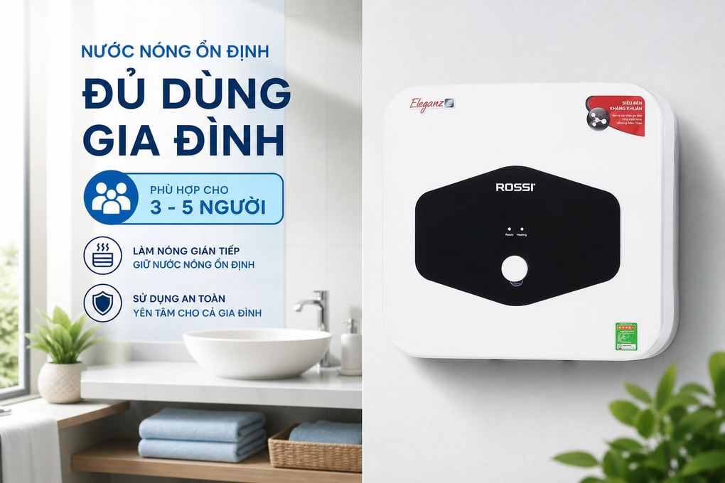Máy nước nóng gián tiếp Rossi Eleganz-C 30 lít 2500W REC30SQ Màu Trắng - Đen