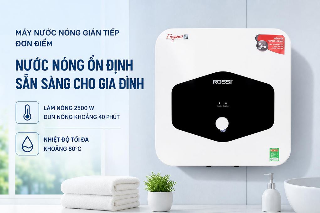 Máy nước nóng gián tiếp Rossi Eleganz-C 30 lít 2500W REC30SQ Màu Trắng - Đen
