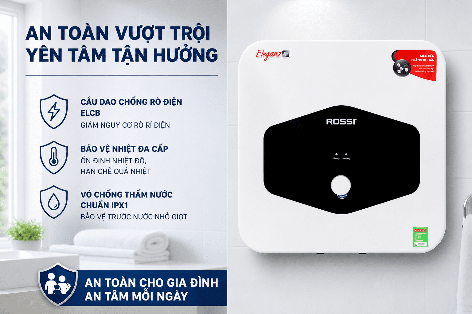 Máy nước nóng gián tiếp Rossi Eleganz-C 30 lít 2500W REC30SQ Màu Trắng - Đen