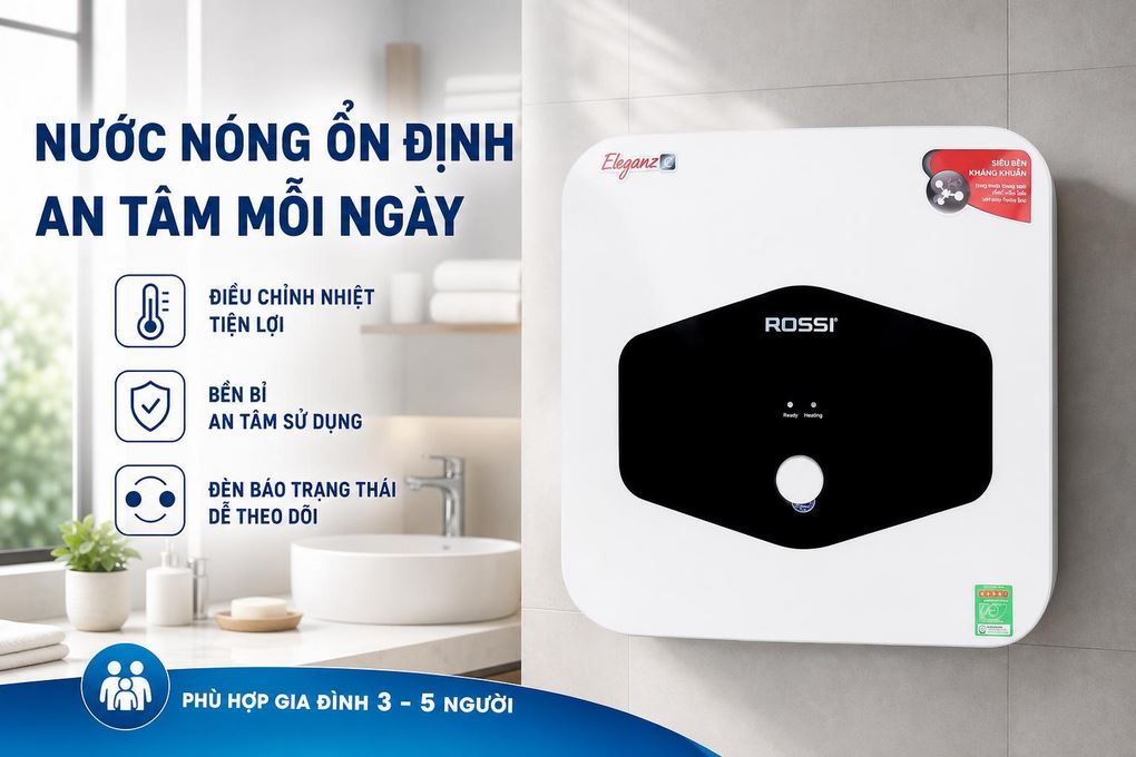 Máy nước nóng gián tiếp Rossi Eleganz-C 30 lít 2500W REC30SQ Màu Trắng - Đen