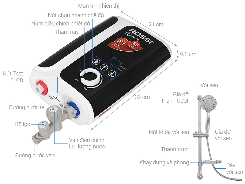 Máy nước nóng trực tiếp Rossi 4500W RIS-450 REP