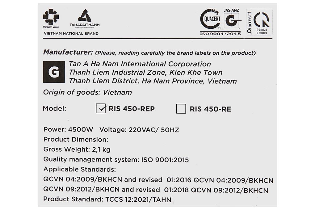 Bình nóng lạnh trực tiếp Rossi 4500W RIS-450 REP Màu Trắng - Đen