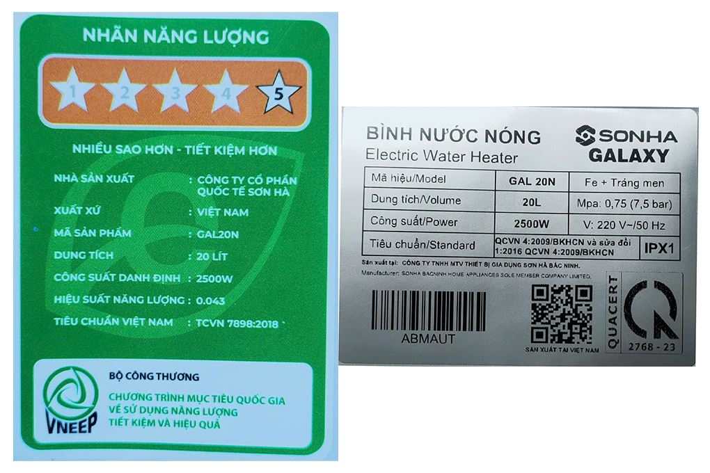 Máy nước nóng gián tiếp Sơn Hà Galaxy 20 lít 2500W S20NG Màu Trắng - Xám