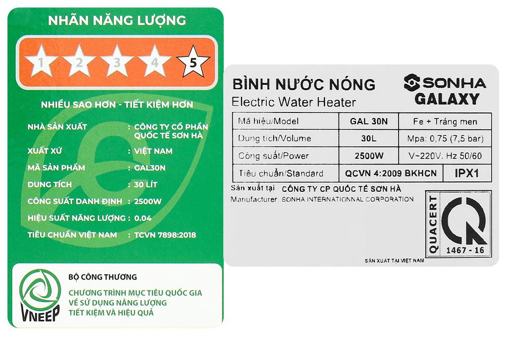 Máy nước nóng gián tiếp Sơn Hà Galaxy 30 lít 2500W S30NG Màu Trắng - Xám
