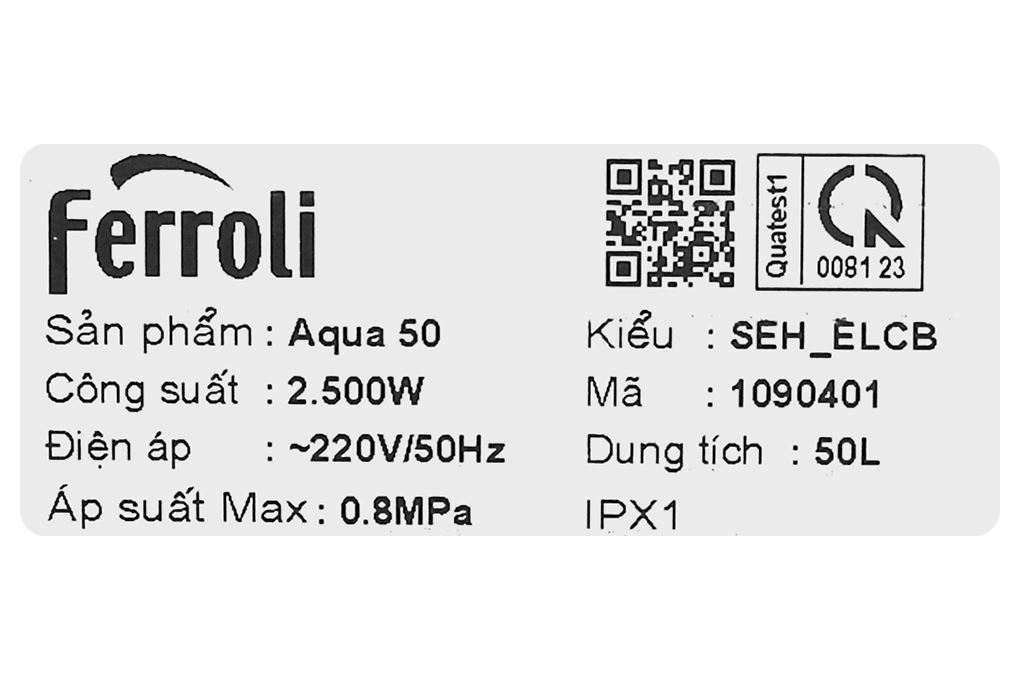 Máy nước nóng gián tiếp Ferroli Aqua 50 lít 2500W SEH_ELCB Màu Trắng