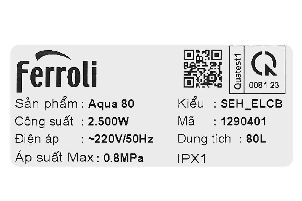 Máy nước nóng gián tiếp Ferroli Aqua 80 lít 2500W SEH_ELCB Màu Trắng