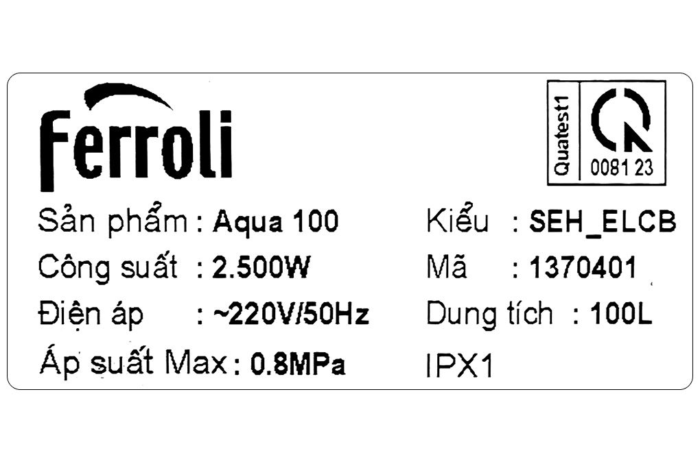 Máy nước nóng gián tiếp Ferroli Aqua 100 lít 2500W SEH_ELCB Màu Trắng