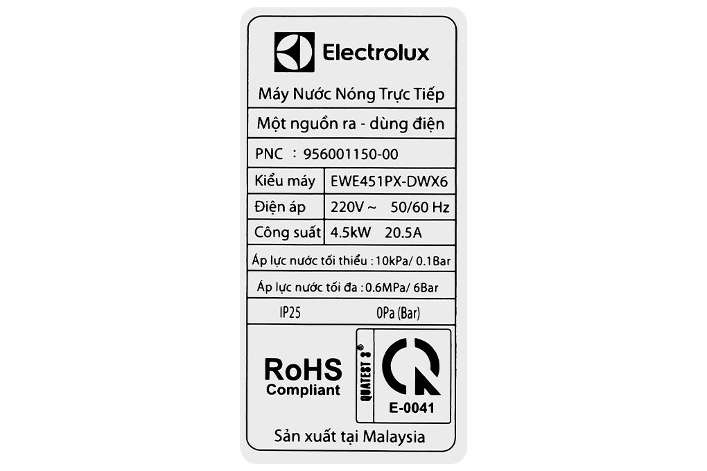 Máy nước nóng trực tiếp Electrolux 4500W EWE451PX-DWX6 Màu Trắng - Bạc