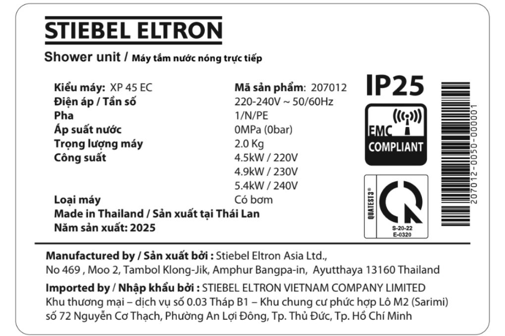 Máy nước nóng trực tiếp Stiebel Eltron 4500W XP 45 EC Màu Trắng