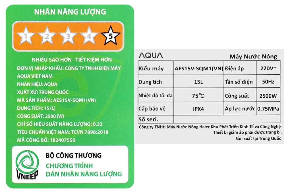 Máy nước nóng gián tiếp Aqua 15 lít 2500W AES15V-SQM1(VN) Màu Trắng