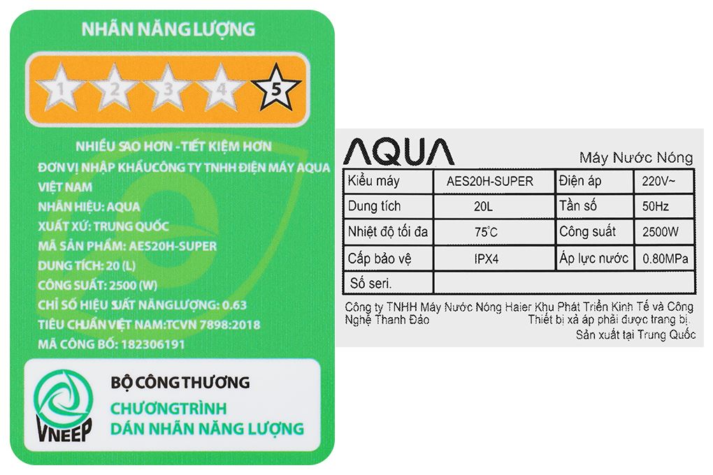 Máy nước nóng gián tiếp Aqua 20 lít 2500W AES20H-SUPER Màu Trắng
