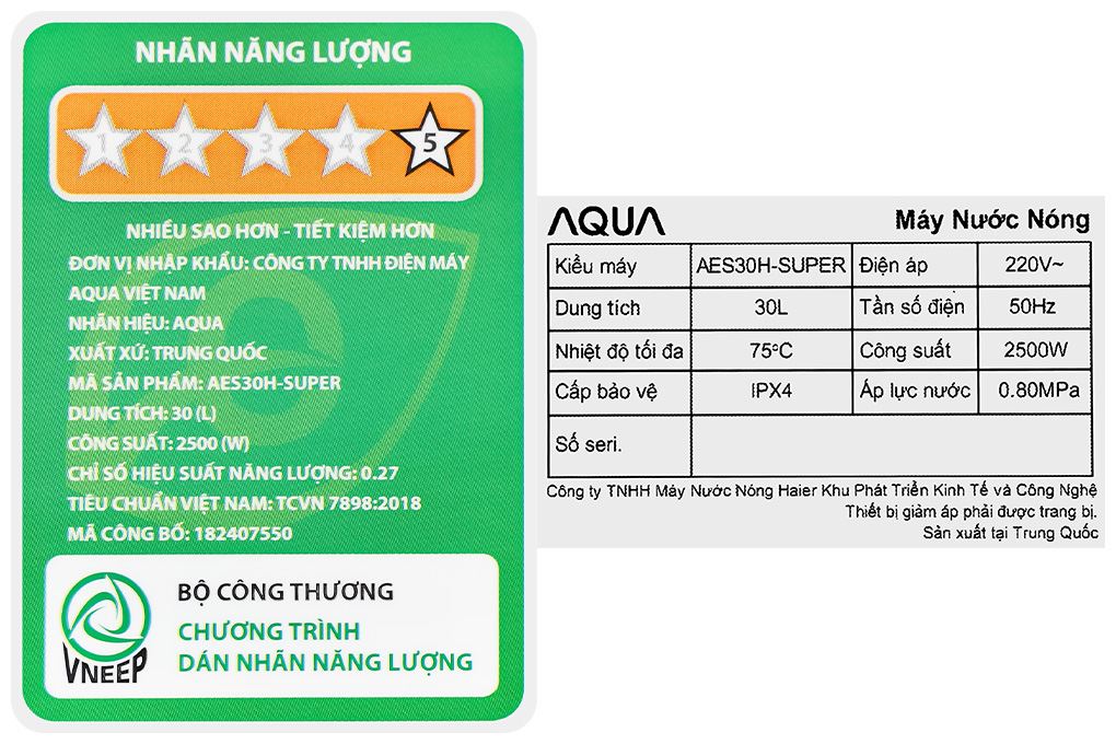 Máy nước nóng gián tiếp Aqua 30 lít 2500W AES30H-SUPER Màu Trắng