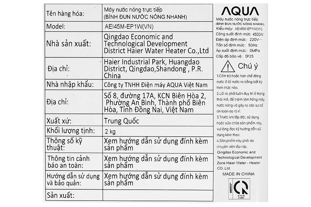 Máy nước nóng trực tiếp Aqua 4500W AEI45M-EP1W(VN) Màu Trắng