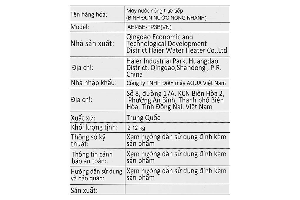 Máy nước nóng trực tiếp Aqua 4500W AEI45E-FP3B(VN) Màu Đen - Xám