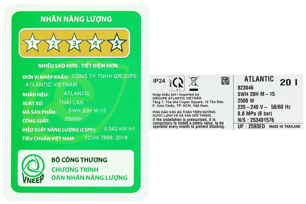 Bình nóng lạnh gián tiếp Atlantic 20 lít 2500W ESA PRO 823046 SWH 20H M-15 Màu Trắng - Xám