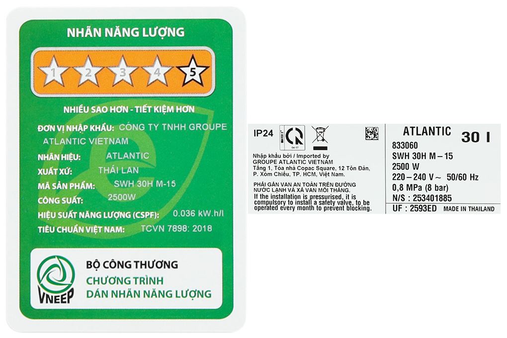Máy nước nóng gián tiếp Atlantic 30 lít 2500W ESA PRO 833060 SWH 30H M-15 Màu Trắng - Xám