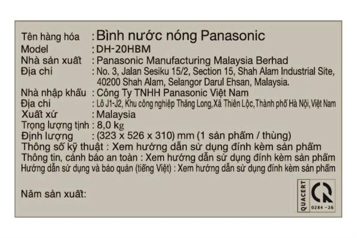 Máy nước nóng gián tiếp Panasonic 2500W DH-20HBMVWL Màu Trắng