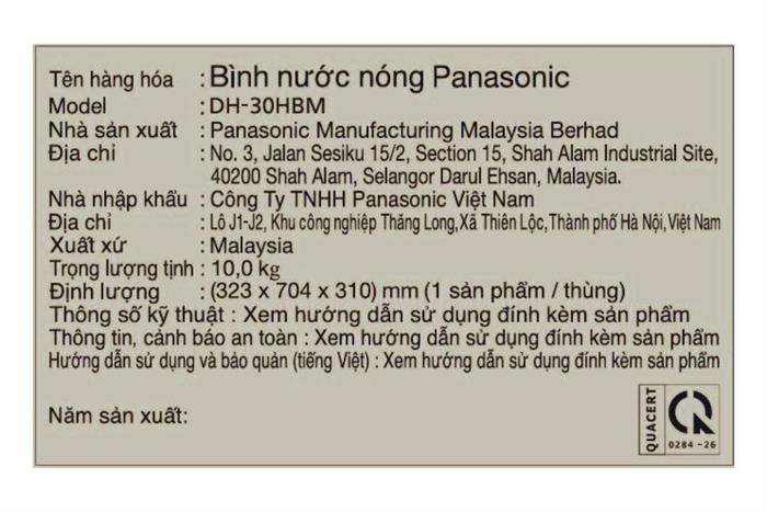 Máy nước nóng gián tiếp Panasonic 2500W DH-30HBMVWL Màu Trắng
