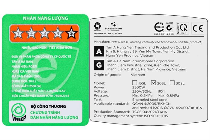 Máy nước nóng gián tiếp Rossi Nova 20 lít 2500W RNA20SL Màu Đen