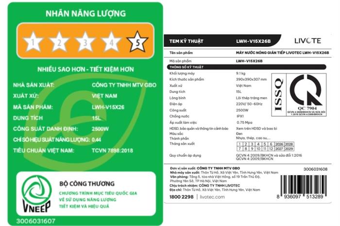 Máy nước nóng gián tiếp Livotec 15 lít 2500W LWH-V15X26 Màu Trắng - Đen