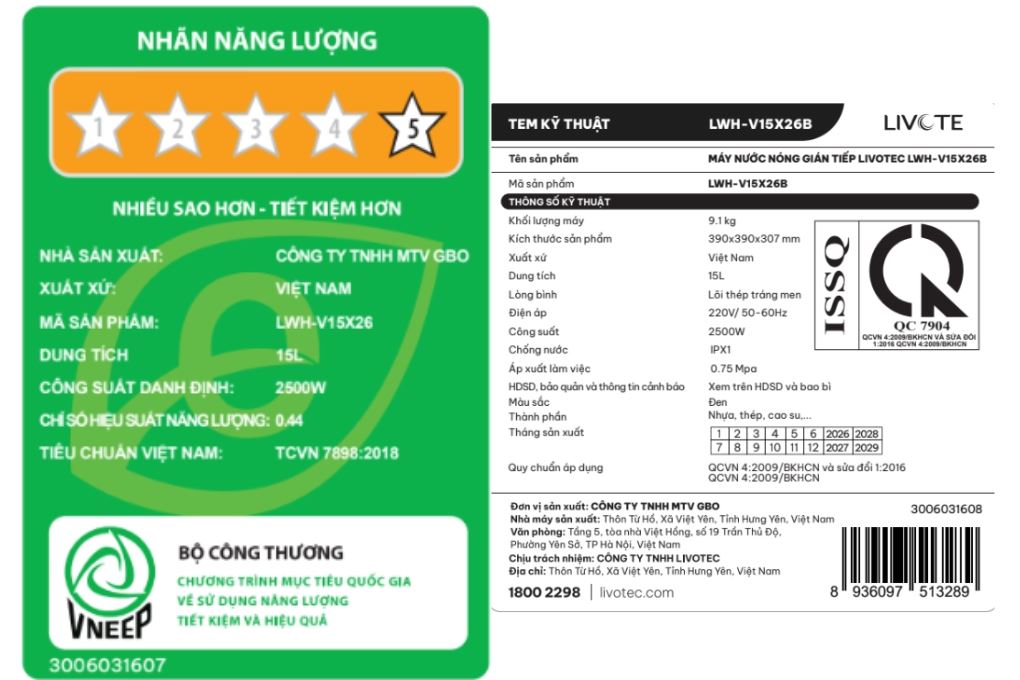 Bình nóng lạnh gián tiếp Livotec 15 lít 2500W LWH-V15X26 Màu Trắng - Đen